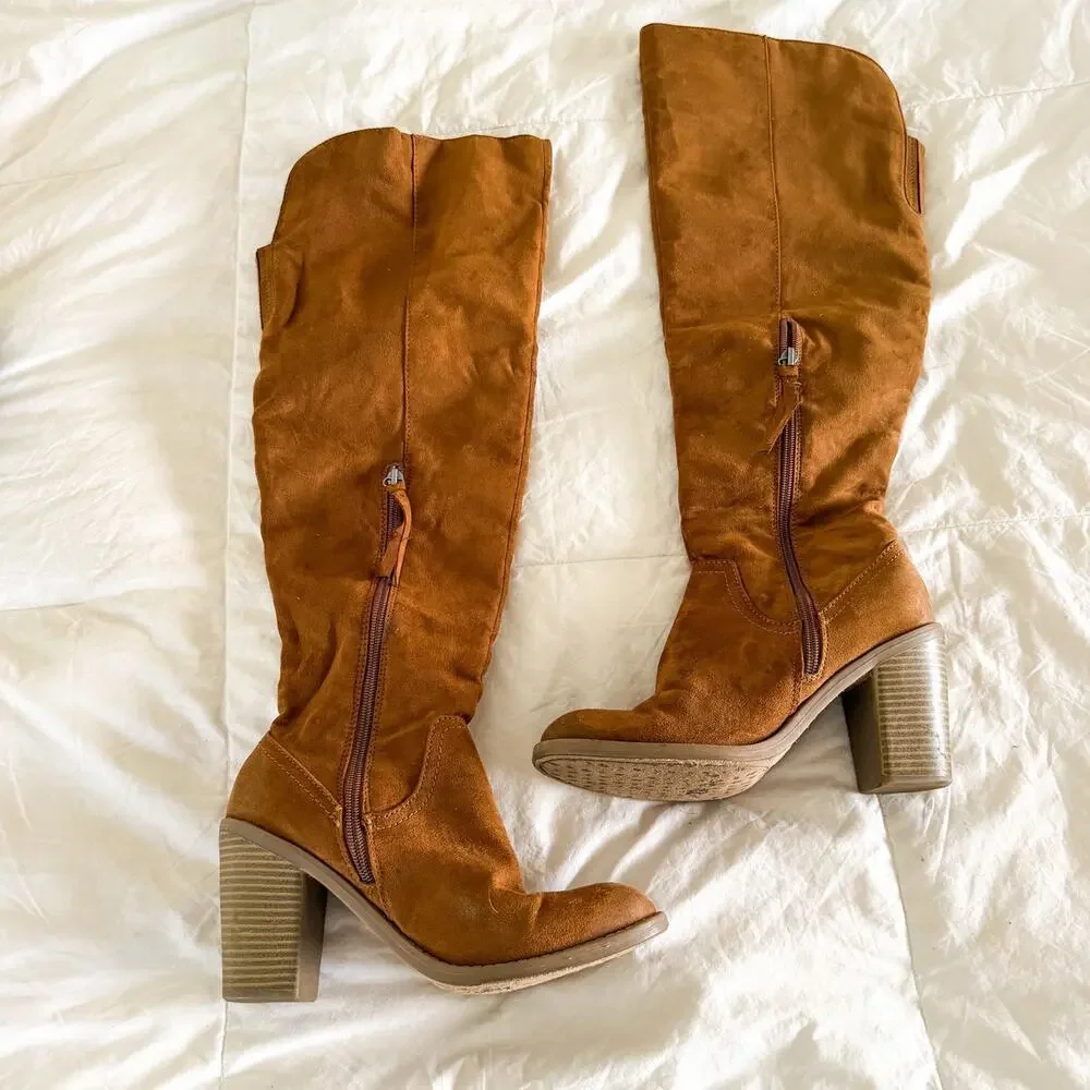 Universal Thread Brown Tan Over The Knee High Boots Block Heel Suede Womens 8